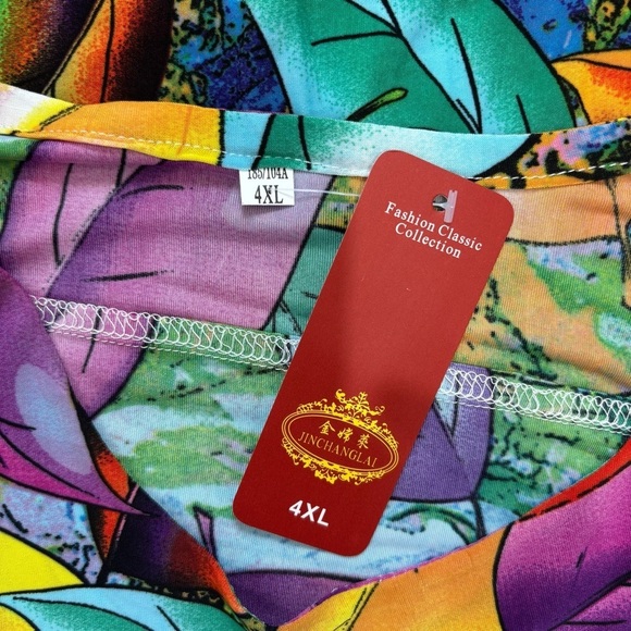 Colorful Green Purple Yellow  Flower Crew Neck Short Sleeve Pull Over Dress - Picture 7 of 14